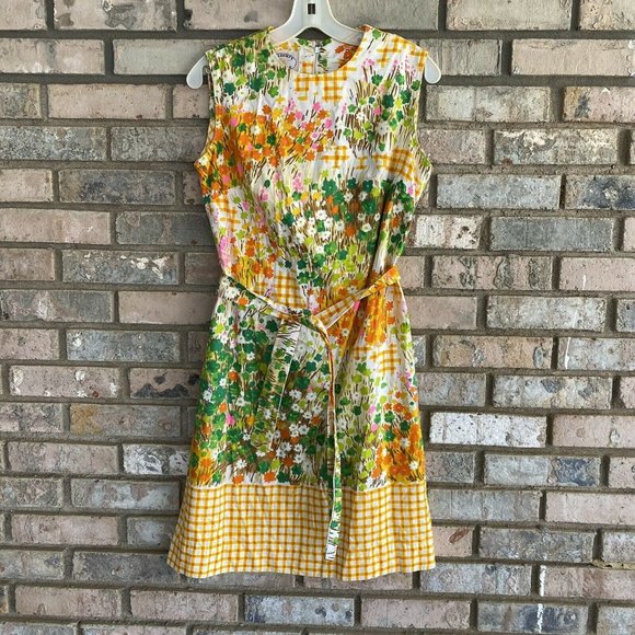 Vintage 60’s Liberty Circle Orange Yellow Floral Sleeveless Dress Belted